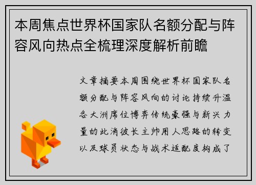 本周焦点世界杯国家队名额分配与阵容风向热点全梳理深度解析前瞻